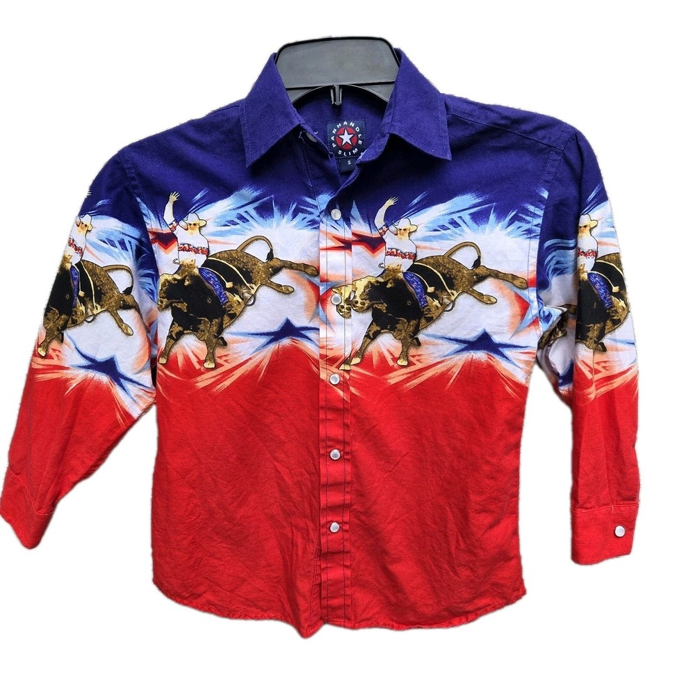 Vtg Panhandle Slim Youth Western Shirt S Bull Riding Rodeo Graphic Pearl Snaps